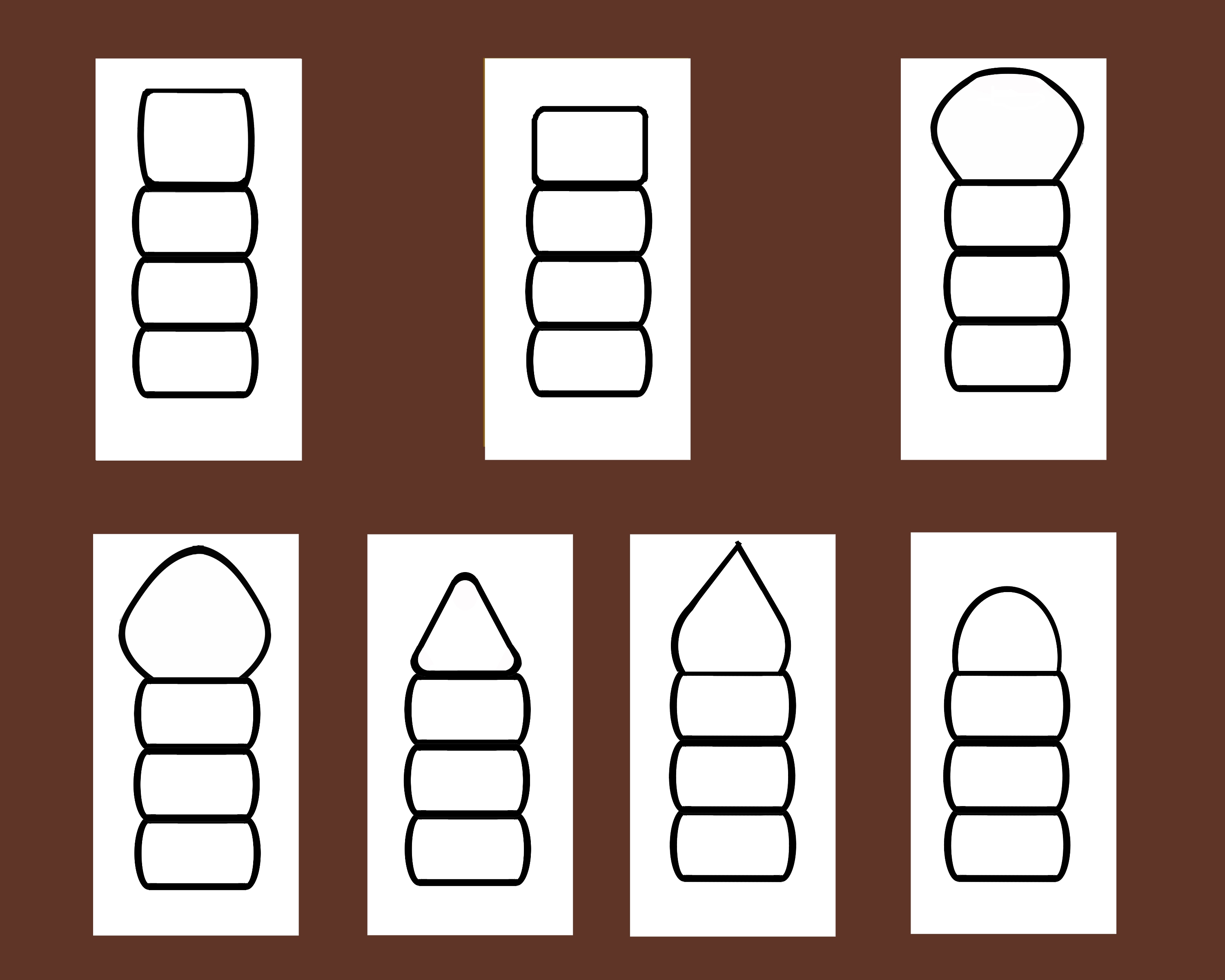 figura 11. Forma de la célula apical. Con forma de barril (arriba izquierda); rectangular u oblonga (arriba centro); obovoide (arriba derecha); ovoide (abajo izquierda); con forma de cono (abajo centro izquierda); linguliforme (abajo centro derecha); toliforme (abajo derecha).